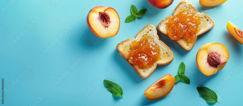 Poster Top view copy space image of a sweet breakfast featuring toast with peach jam on a blue background, creating a delightful and appetizing visual composition.