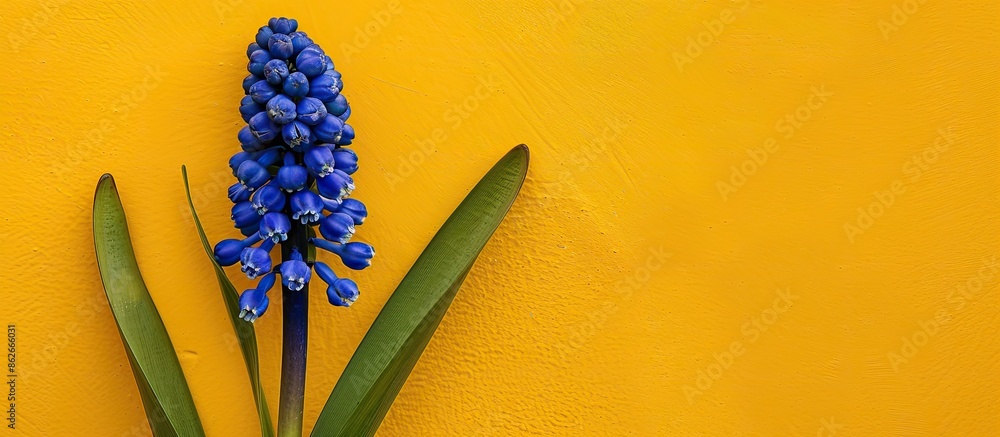 Poster a blue grape hyacinth flower contrasting a yellow backdrop, creating a vibrant spring copy space ima