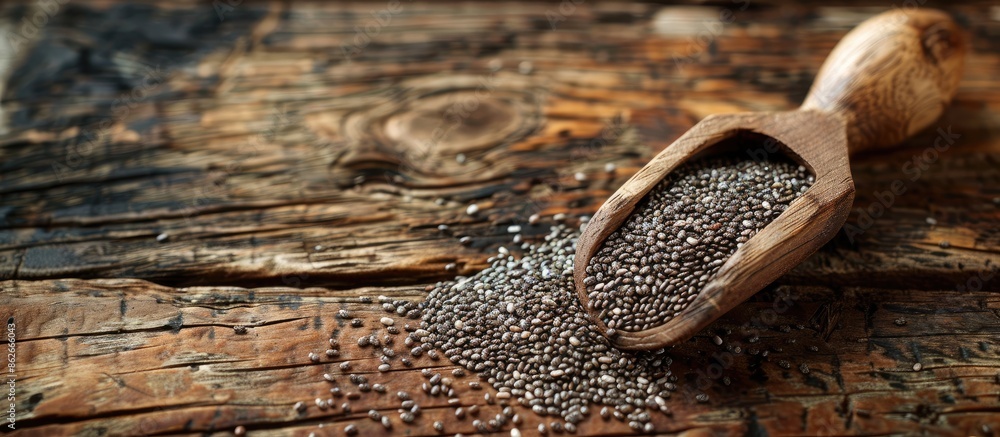 Poster close-up view of organic chia seeds with a wooden scoop on a wooden surface, ideal for a copy space 