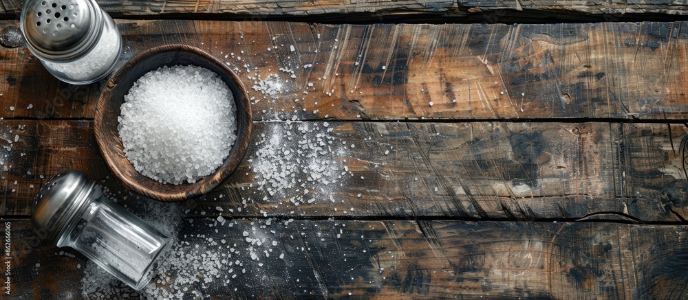 Poster close-up view of organic salt in a bowl and glass shaker on a wooden table, with ample space for tex