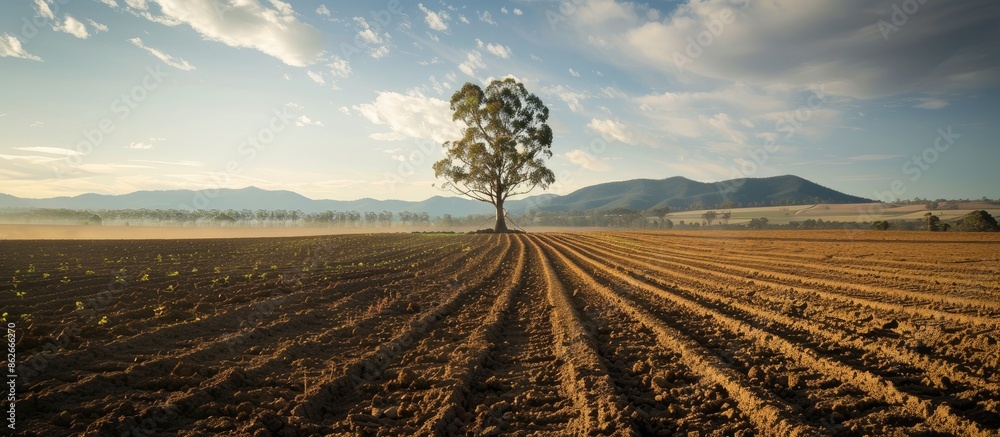Aufkleber field being plowed with a eucalyptus tree in the backdrop, providing a natural and serene copy space