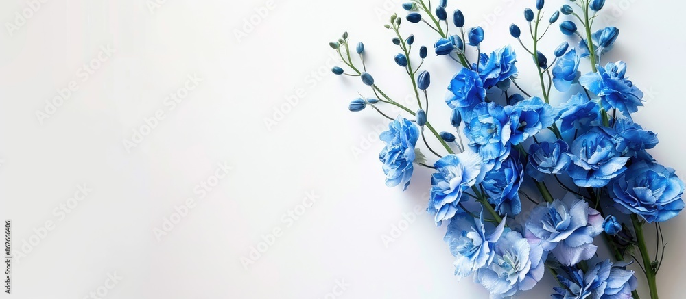 Poster blue delphinium on a white backdrop is an ideal copy space image for florists.