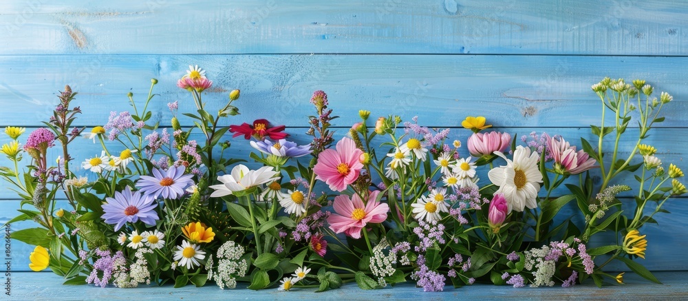 Poster Flowers from the garden displayed on a blue wooden table with a background perfect for a copy space image.