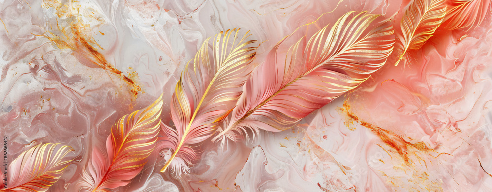 Poster abstract background with a marble texture and golden lines in the form of feathers.