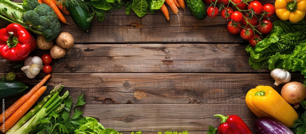 Poster top view of vegetables arranged on a wooden table with copy space image.