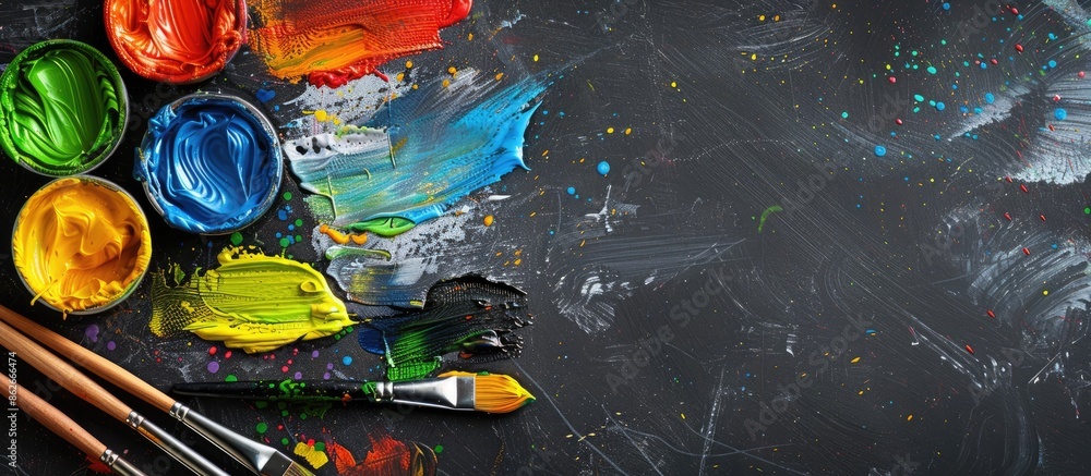 Poster chalkboard backdrop with colorful paint and paintbrush featuring copy space image.