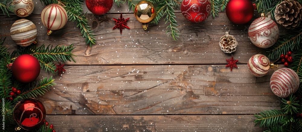 Poster top-down view of christmas ornaments on a wooden backdrop with copy space image.