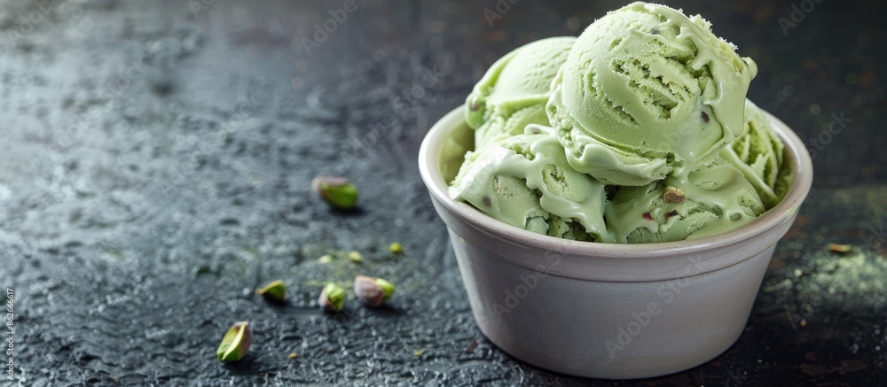 Poster Scrumptious pistachio ice cream on a dark table with copy space image.