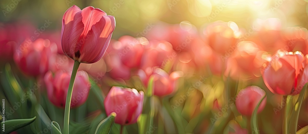 Aufkleber close-up image of a luxurious pink tulip in a garden with copy space image.