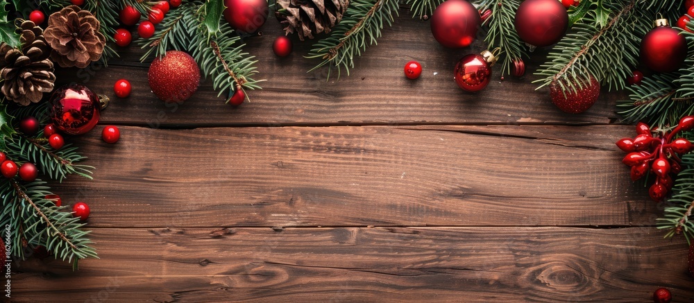 Poster festive holiday decorations for christmas and new year displayed on a wooden table, seen from above 