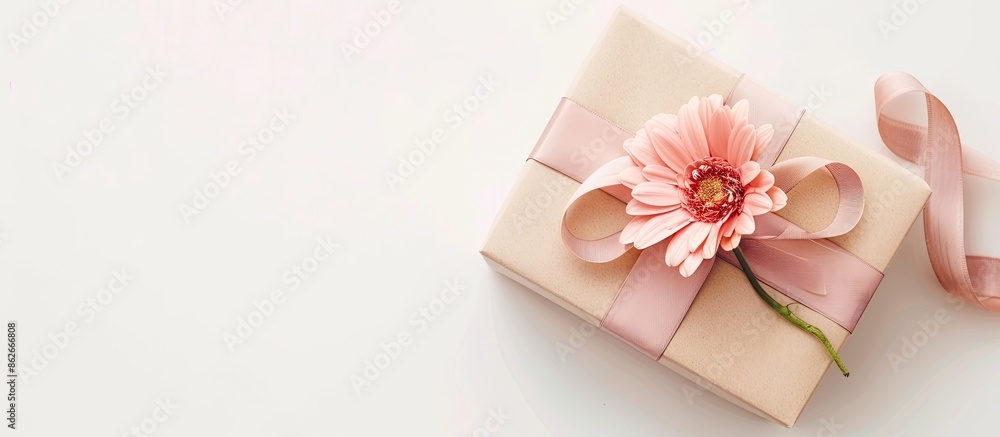 Poster present with a flower in a gift box and ribbon on a white background, ideal for a copy space image.
