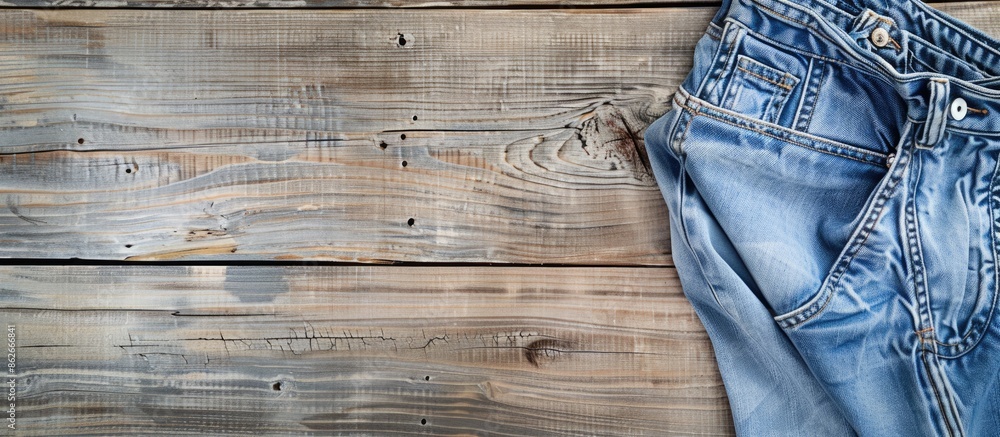 Poster denim pants displayed against a bleached wood backdrop with copy space image.
