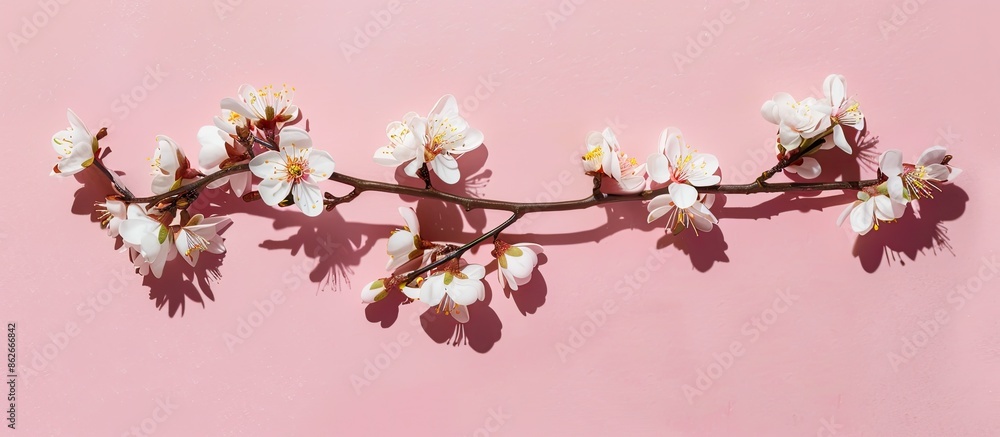 Poster an apricot branch with blossoms on a pink backdrop in a flat lay style image, emphasizing the spring
