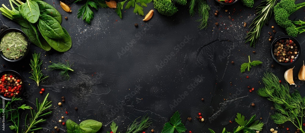 Poster a black chalkboard with a frame of spinach, dill, parsley, various spices, condiments, and a dark st