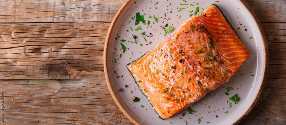 Aufkleber top view of a cooked salmon fillet on a plate against a wooden background with copy space image.