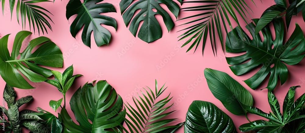 Poster frame composed of assorted tropical leaves on a pink backdrop with copy space image.