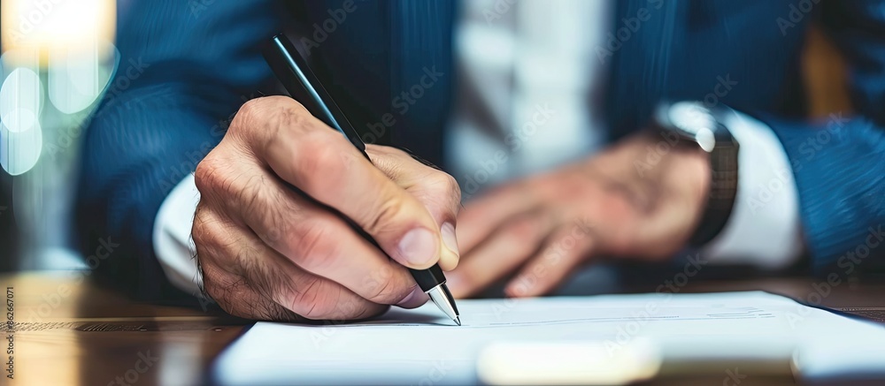 Poster the management is in the process of signing a document with available copy space image.
