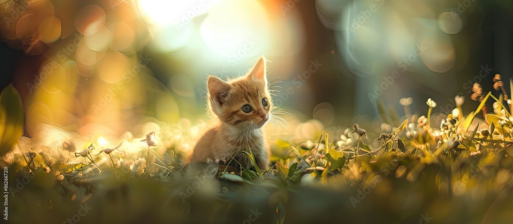 Poster Adorable tiny cat in a charming setting with a blurred natural backdrop, ideal for a copy space image.