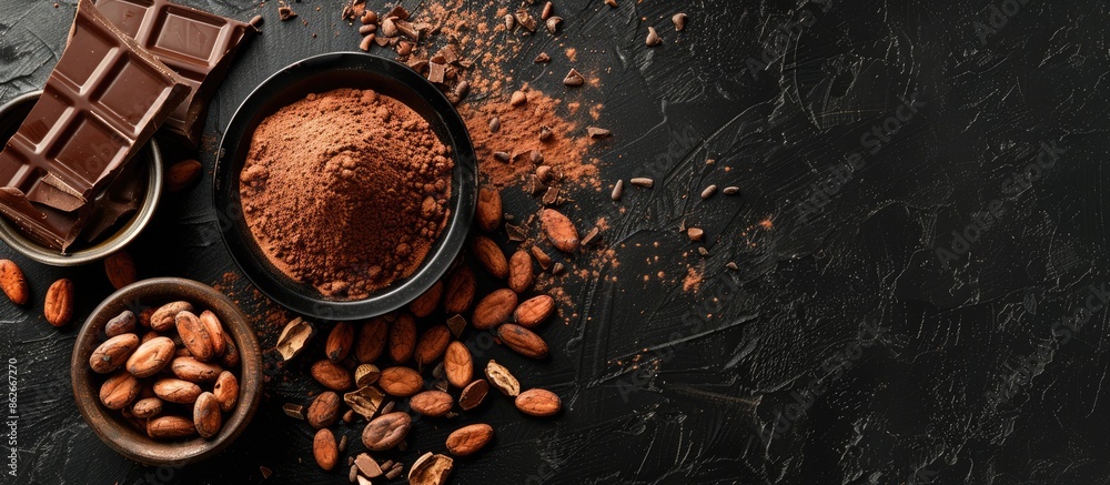 Poster A cocoa-themed concept with cocoa powder in a bowl next to cocoa beans and chocolate on a black background, providing a copy space image.