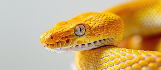 Obraz premium Python snake in yellow color against a white backdrop, with ample copy space image.