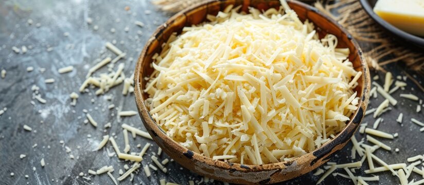 A digital combination showcasing a text for National Cheese Day, with shredded cheese in a bowl on a table, leaving room for additional images or text. - Powered by Adobe