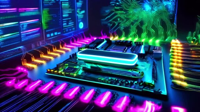 The video contains a computer motherboard with a green and blue glow.