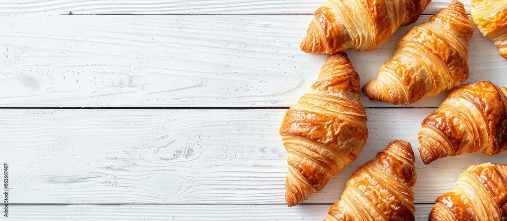 Poster top view flat lay of croissants on a white wooden surface with copy space image.