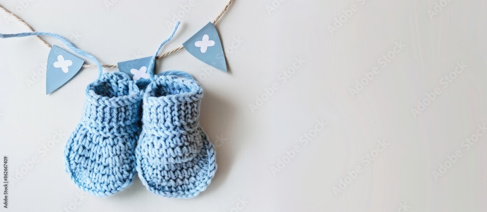 Poster Knitted baby booties displayed on a white background with a banner indicating 'copy space image.' Handcrafted with crochet techniques.