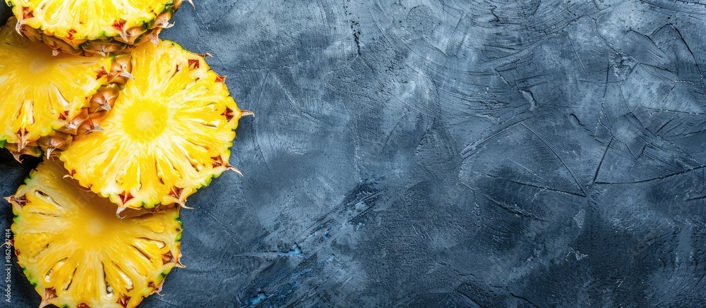 Aufkleber pineapple slices arranged on a gray stone backdrop with copy space image.