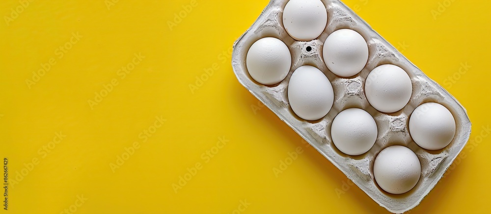 Poster top view of white chicken eggs in white packaging on a yellow background with copy space image. depi