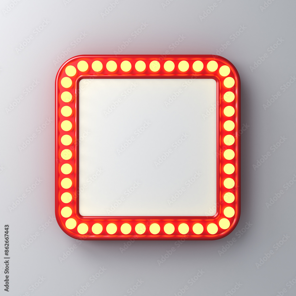 Aufkleber Blank retro round square billboard or blank white signboard sign with glowing yellow neon light bulbs isolated on dark white grey wall background with shadow 3D rendering