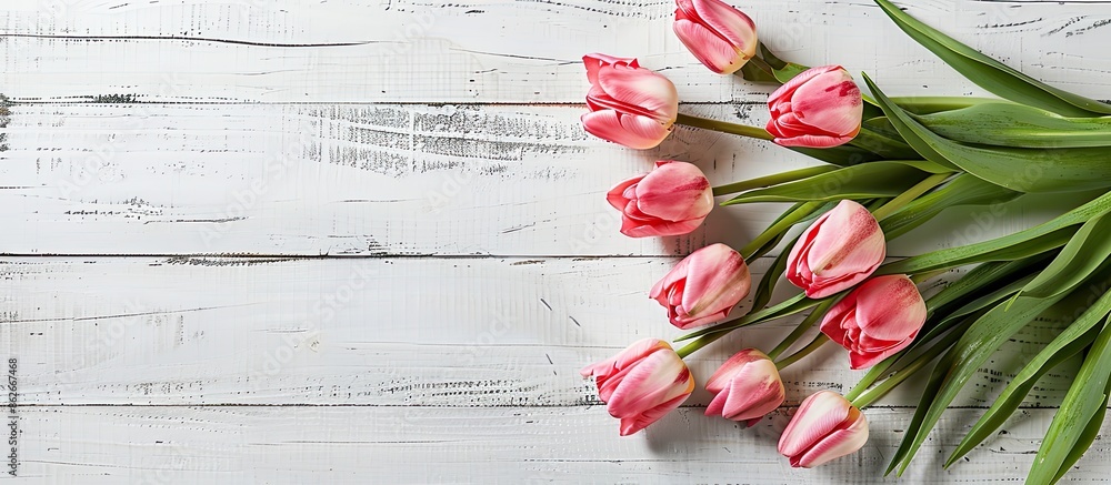 Poster a spring-themed mother's day greeting card featuring a bunch of charming pink tulips on a rustic whi