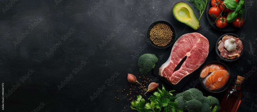 Poster Top view arrangement of keto diet items on a dark surface with copy space image.