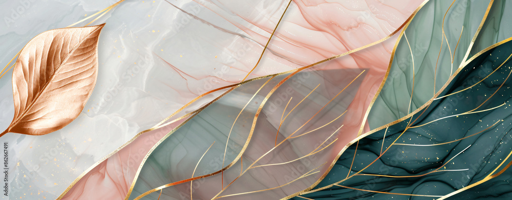 Poster abstract background with a marble texture and golden lines in the form of feathers.
