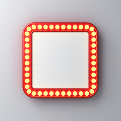 Blank retro round square billboard or blank white signboard sign with glowing yellow neon light bulbs isolated on dark white grey wall background with shadow 3D rendering