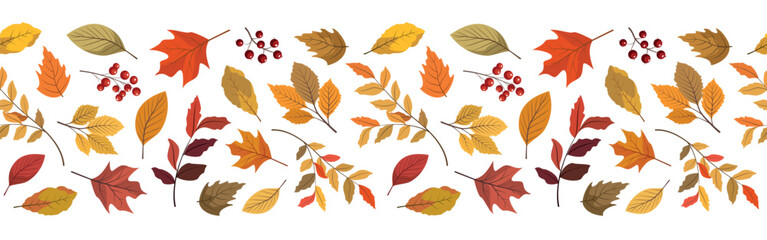 Autumn forest leaves and berries horizontal seamless border. Design for Thanksgiving day, harvest holiday. Isolated on white background.