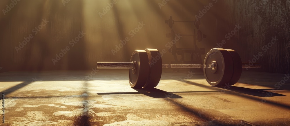 Poster gym setting with a barbell resting on the floor, against a dark background in a warm tone style with
