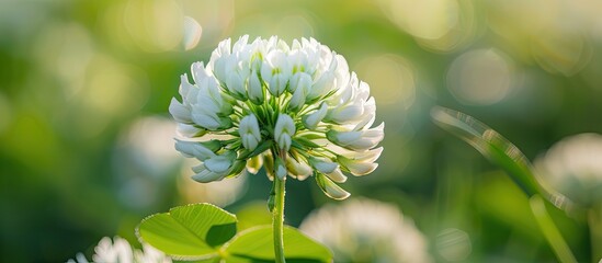 Close-up of a lovely white clover blossom against a blurred backdrop, ideal for text placement in the copy space image.