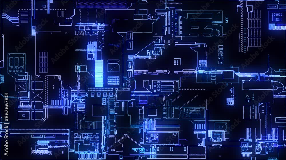 Poster printed circuit board. visualization of advanced technology concept: pcb processor microchip, digiti