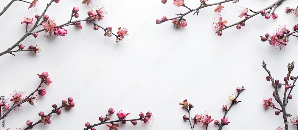 Poster top view of a frame featuring pink flower buds, branches, and leaves isolated on a white background 
