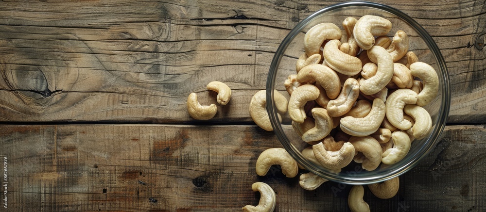 Poster Top view of a glass bowl filled with raw cashew nuts displayed on a wooden table, creating a serene copy space image.