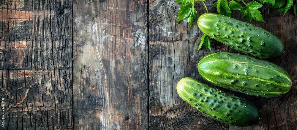 Poster Organic cucumbers creating a rustic vibe on a weathered wooden backdrop with copy space image.