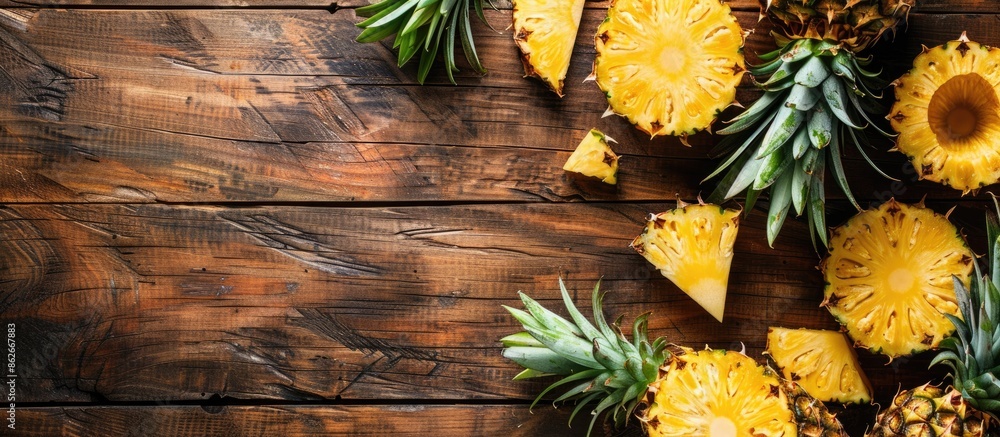 Poster whole and sliced pineapple on a wooden surface with copy space image.