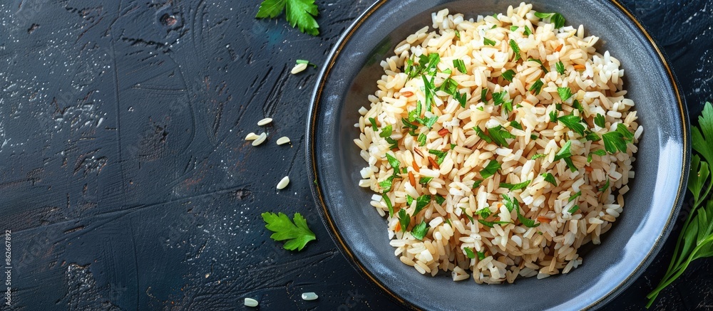 Poster table with a plate of cooked brown rice, offering ample copy space for adding text.