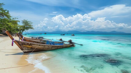 Obraz premium Long-tail boats moored in a row on a sandy beach island in Thailand.