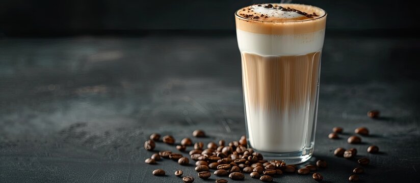 Latte macchiato and geyser coffee maker displayed with a glass of latte macchiato, scattered coffee beans on a dark background, with ample copy space image.