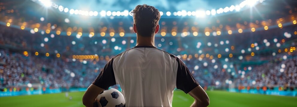soccer player stands with his back to the camera and looks into the crowded football stadium while holding a ball in his hand - Powered by Adobe