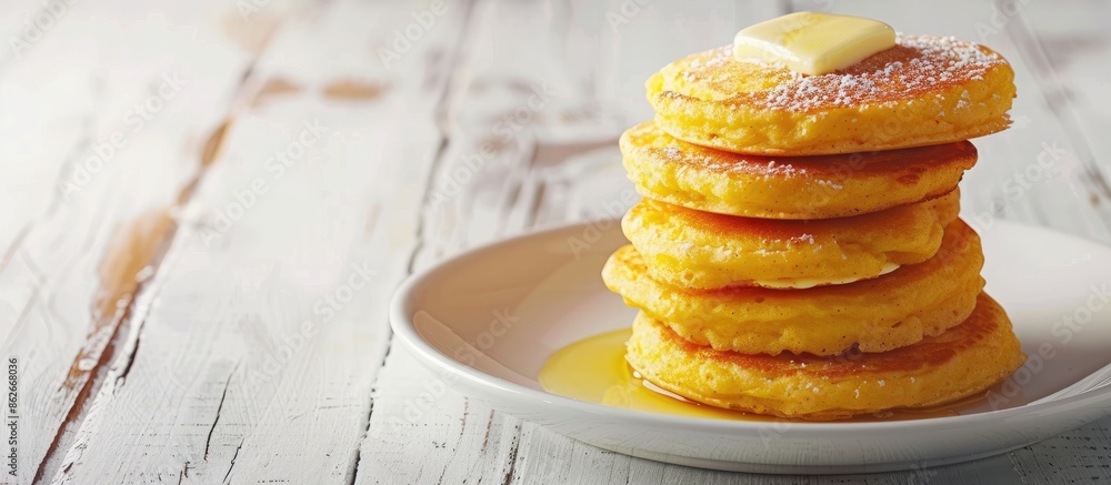 Poster homemade corn meal johnny cakes with melted butter displayed on a white plate against a white wooden