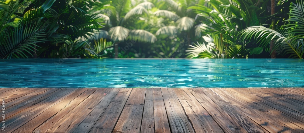Poster wooden poolside adjacent to a crystal-clear outdoor pool, offering a blank canvas for designs in the