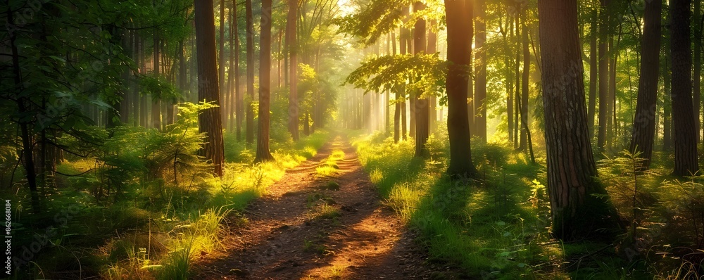 Poster sunlit forest path with tall trees and dappled light in summer landscape